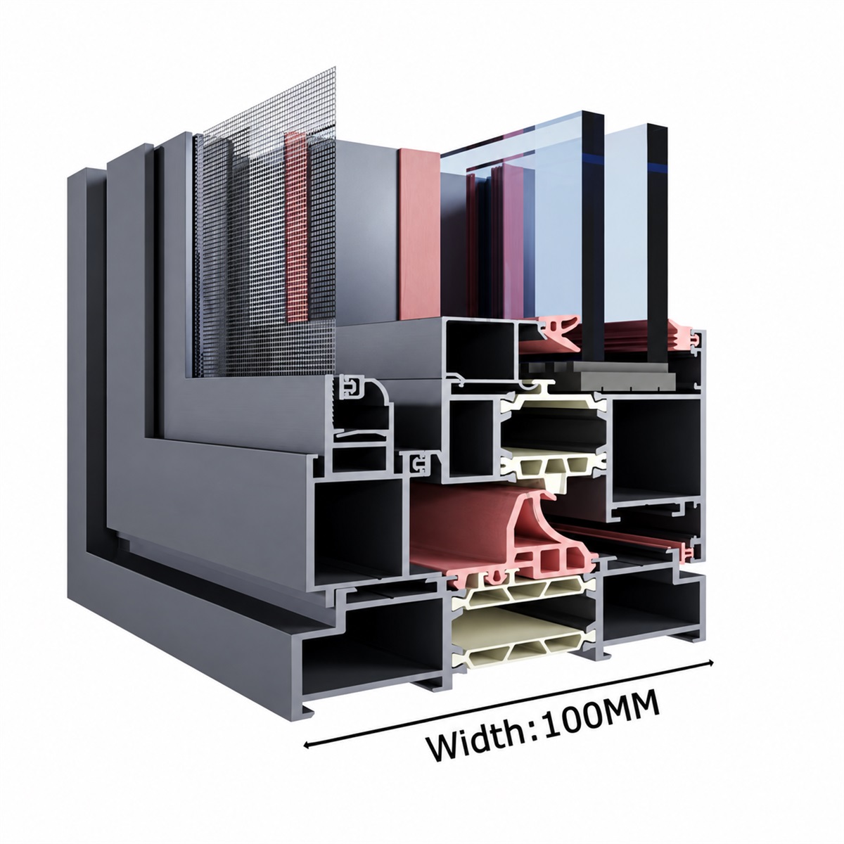 SAINTY™ 34mm PA66 GF25 thermal break strip in a 6063-T5 aluminum sliding window frame profile.