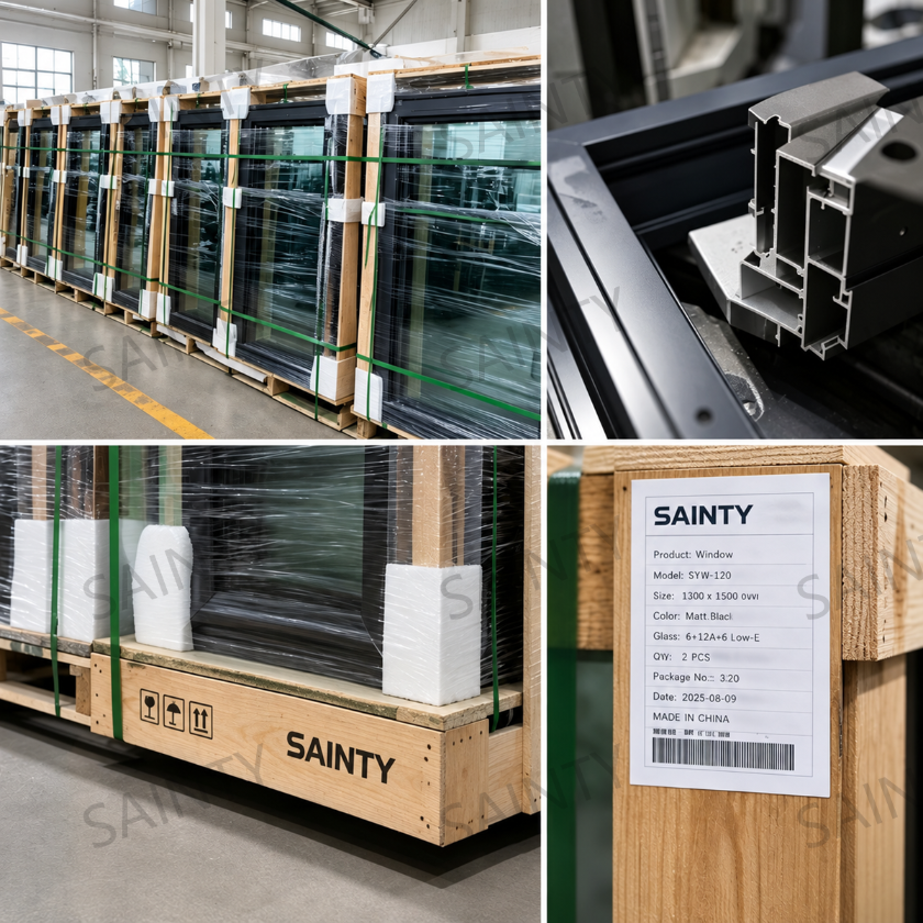 SAINTY™ factory quality control team inspecting corner crimping on a white powder-coated casement window.