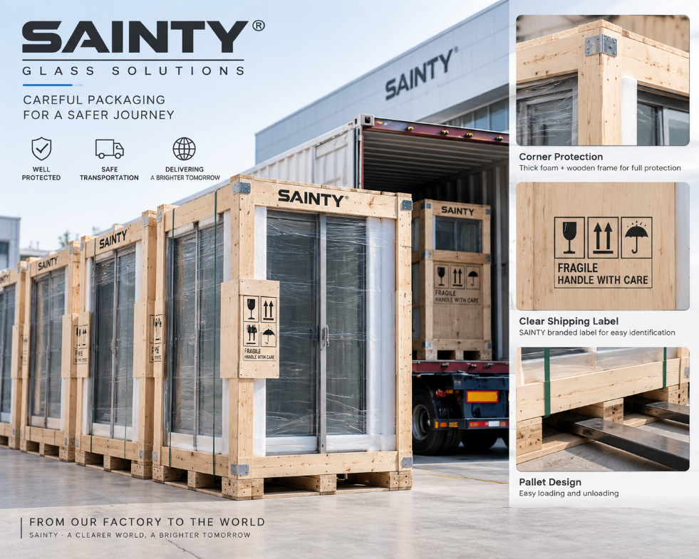 SAINTY factory floor showing Bi-Fold Doors undergoing 11-step QC tracking before shipping to Colorado.
