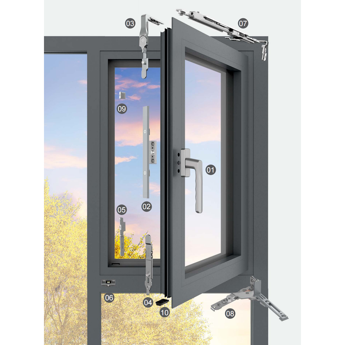Herrajes de cierre de acero inoxidable SS304 en ventana practicable SAINTY™ con recubrimiento en polvo.