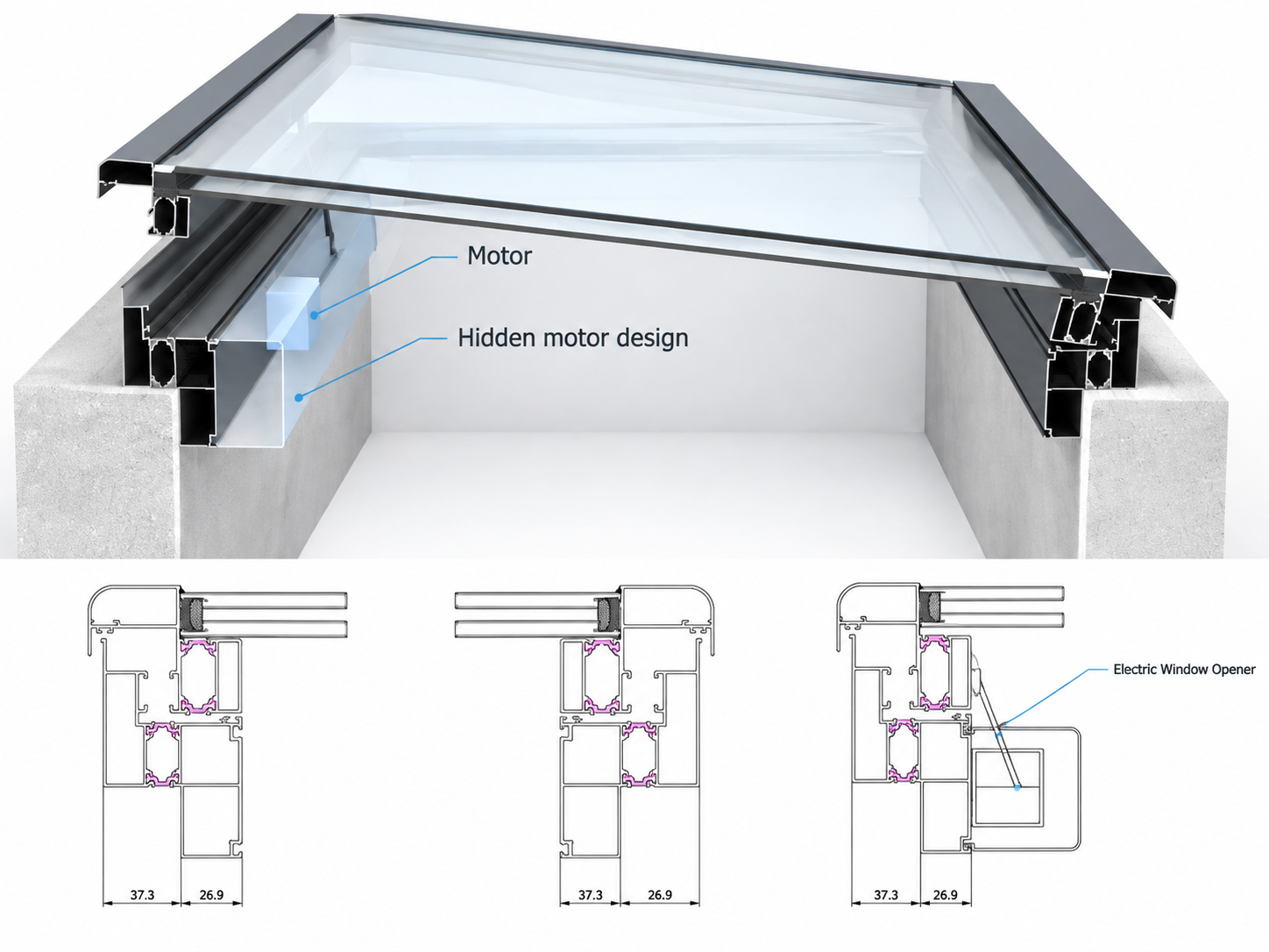 Cross-section of SAINTY™ skylight showing 34mm PA66 GF25 thermal break and 6063-T5 aluminum wall thickness.
