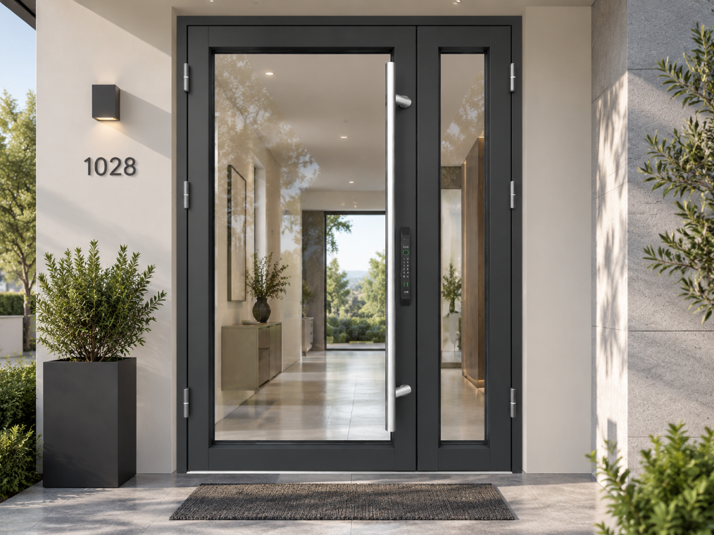 SAINTY™ hurricane-rated front entry door installed at a Miami-Dade compliant commercial building site.
