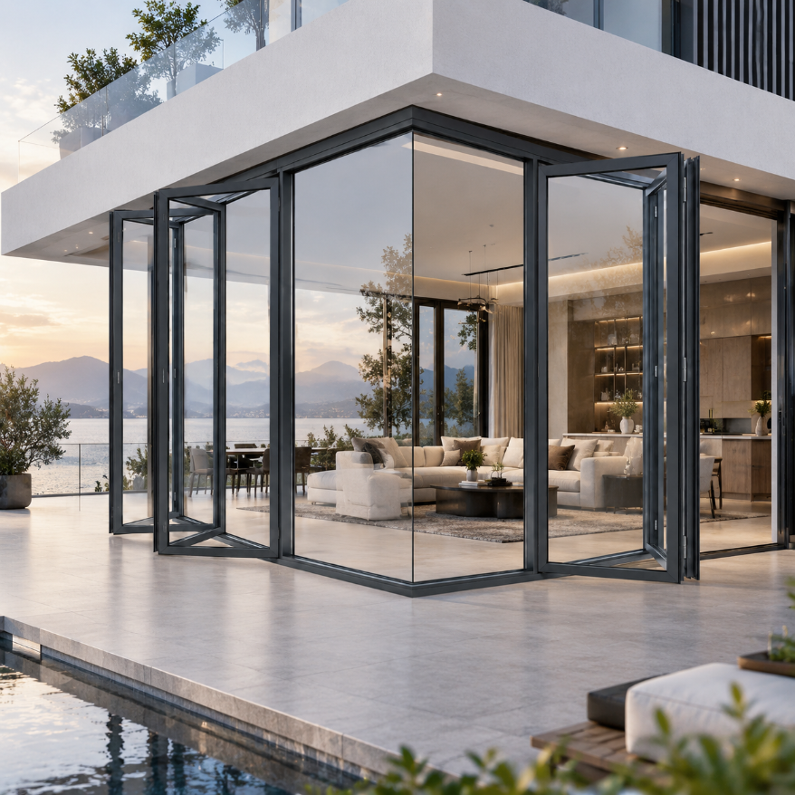 Installed SAINTY bi-fold doors in a Texas luxury villa project with high wind pressure resistance.