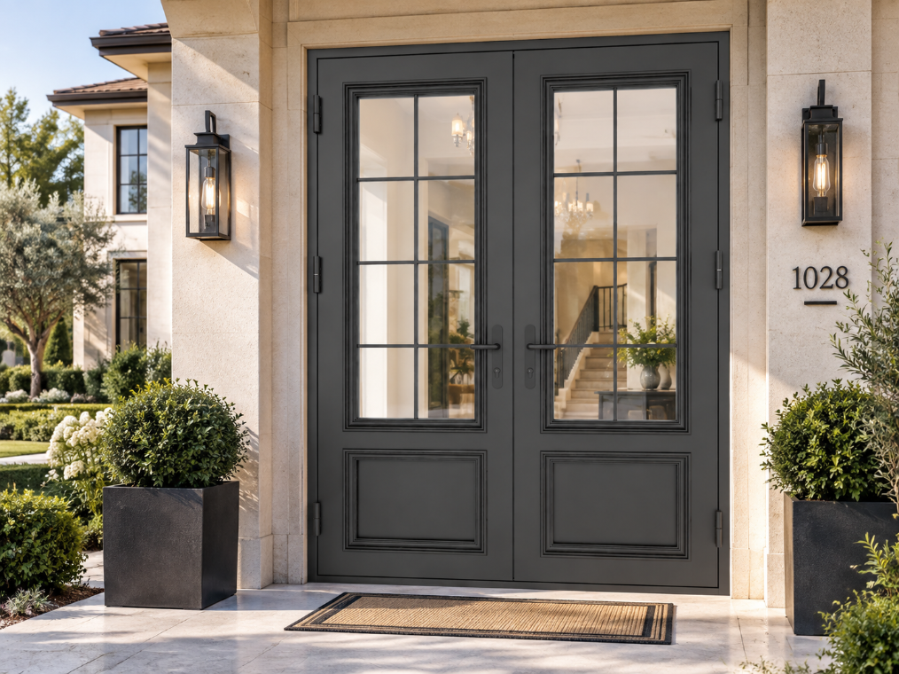 Portas de giro SAINTY™ instaladas em projeto residencial em conformidade com Title 24 em Los Angeles, Califórnia.