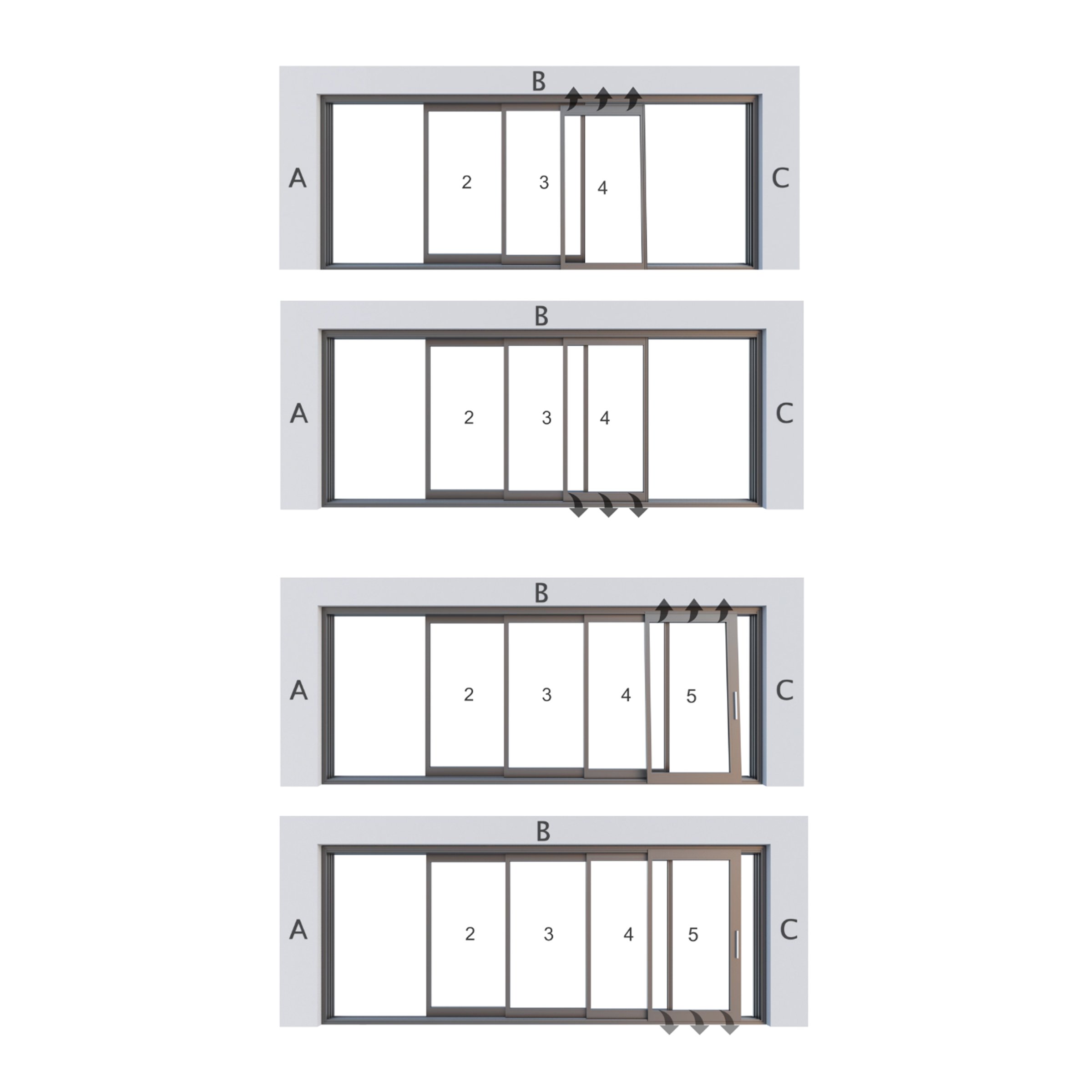 Flexible panel configurations for SAINTY™ thermally broken aluminum sliding doors in residential houses.