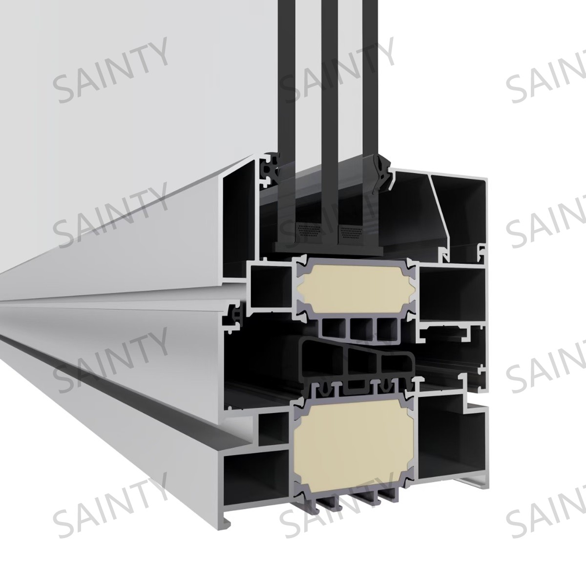 Technical cross-section of SAINTY™ casement window showing the 34mm thermal break for cold climate insulation.