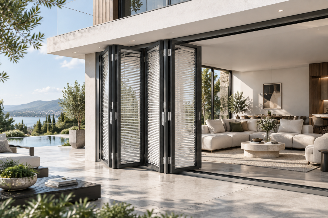 SAINTY Bi-Fold Door installed in a high-altitude Colorado project, demonstrating weather resistance and DP50 rating.