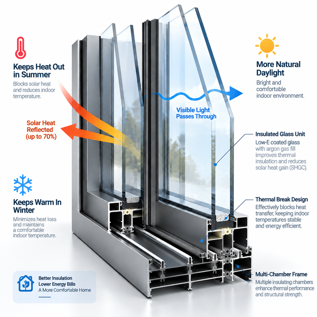 Technical cross-section of SAINTY sliding door showing the 34mm PA66 GF25 thermal break for Arizona heat insulation.