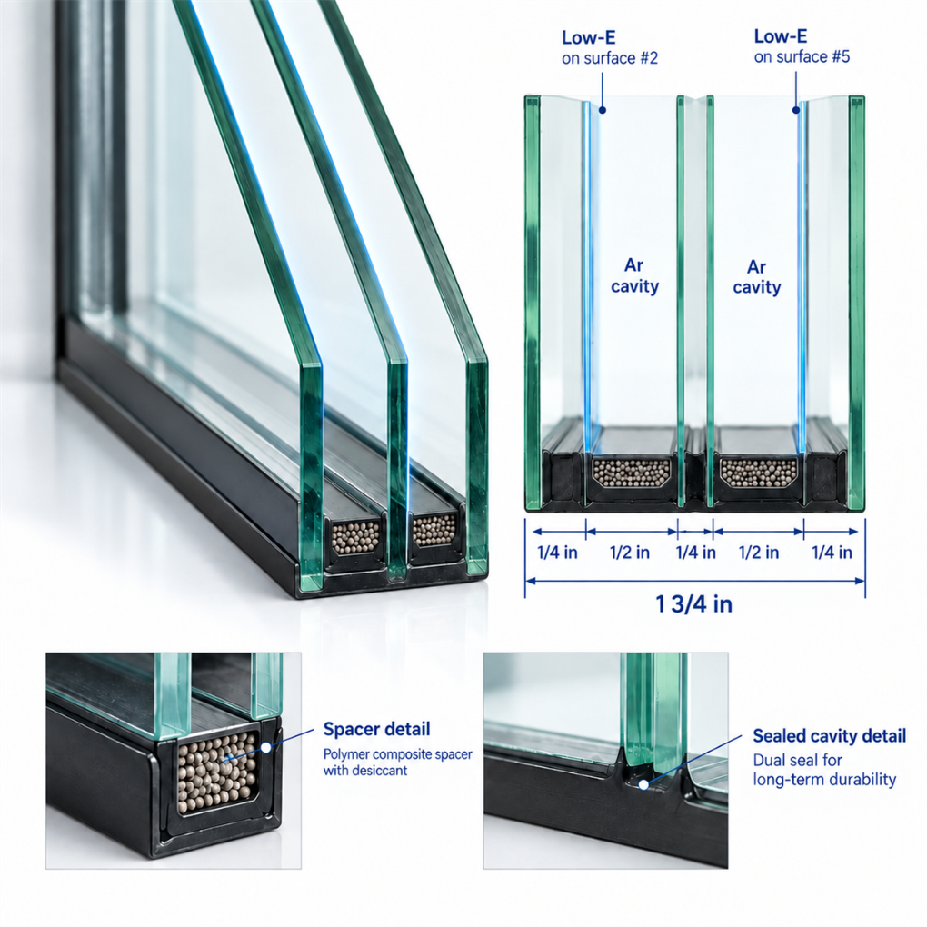 SAINTY™ Triple-Pane Insulated Glass with Low-E coating and Argon fill for NFRC compliance.