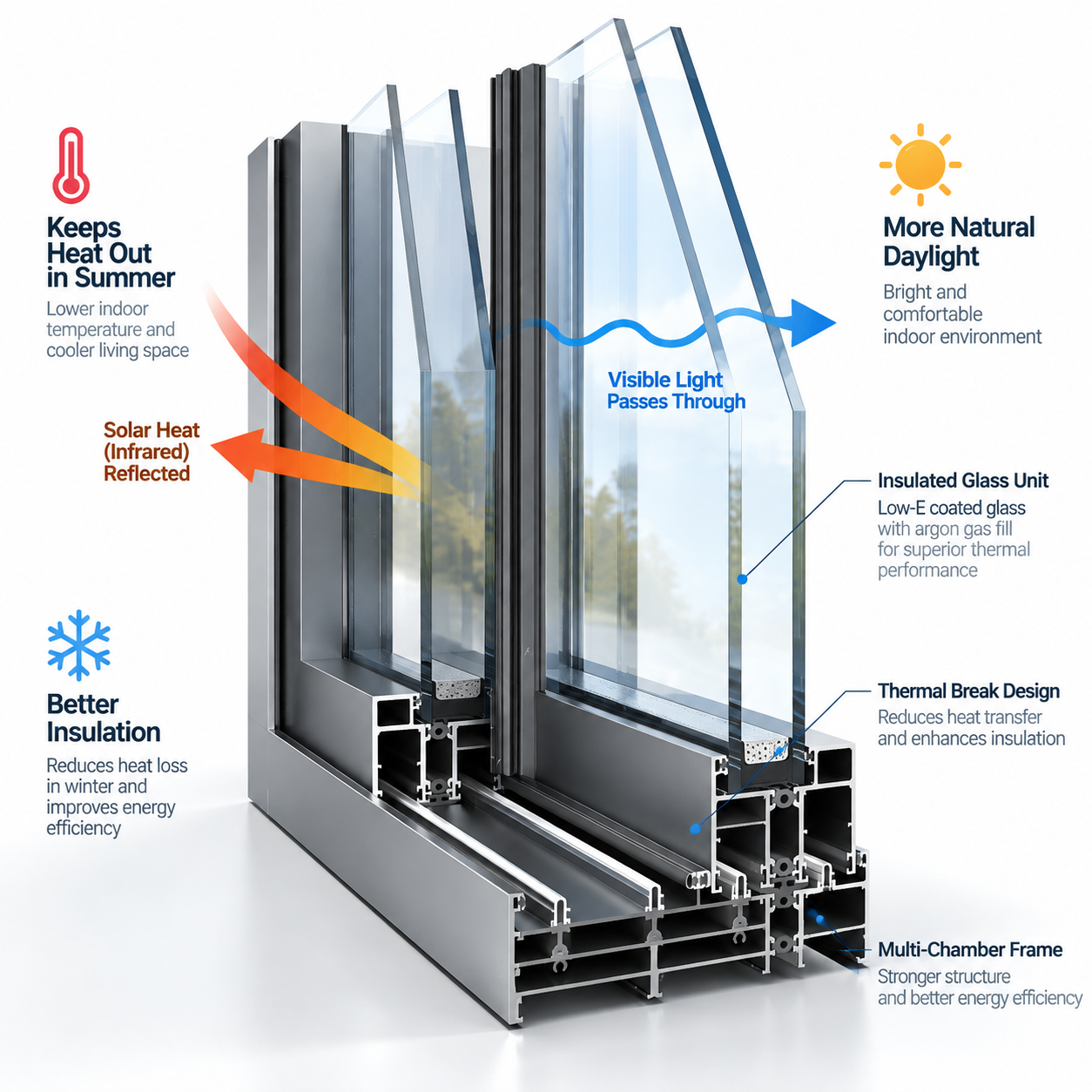 Vista interna del marco de la puerta corredera SAINTY con rotura de puente térmico PA66 GF25 de 34mm para alta eficiencia energética.