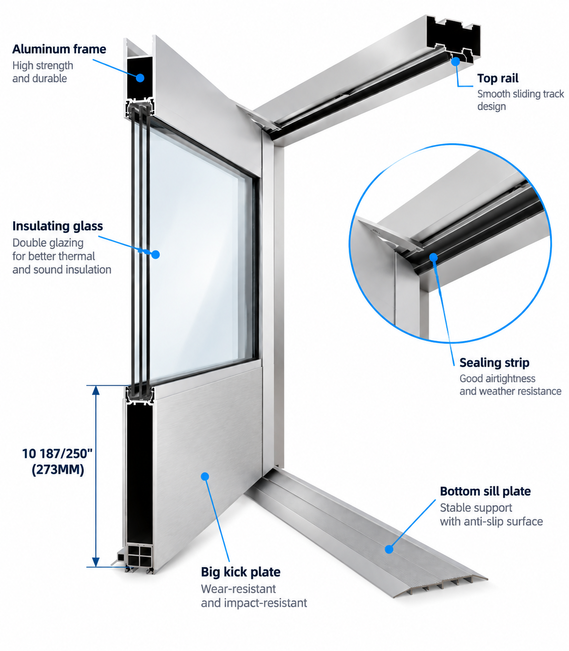 High-durability SS304 stainless steel handle and pivot hinges on a SAINTY™ aluminum storefront door.