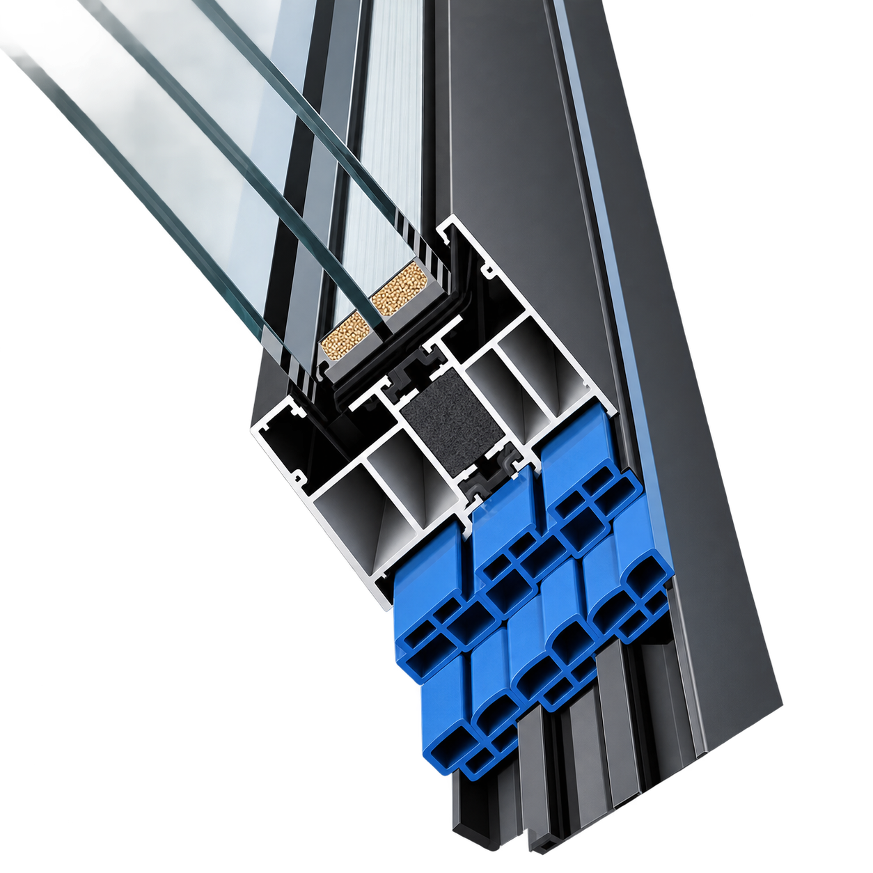 Close-up of the SAINTY™ 24mm PA66 GF25 thermal break technology in an NFRC-certified aluminum door profile.
