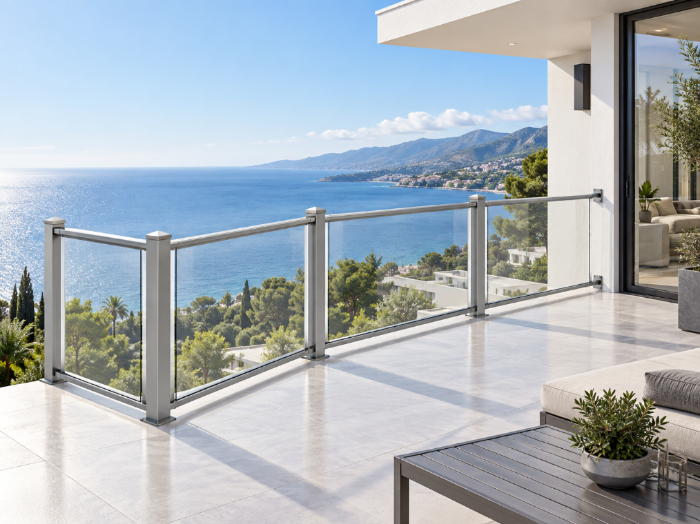 Optional glass infill for SAINTY™ railing tested for water penetration resistance at 720 Pa.