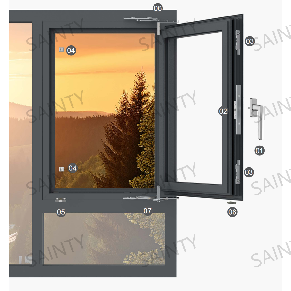 SS304 stainless steel multi-point locking hardware and handle on a SAINTY™ aluminum casement window.