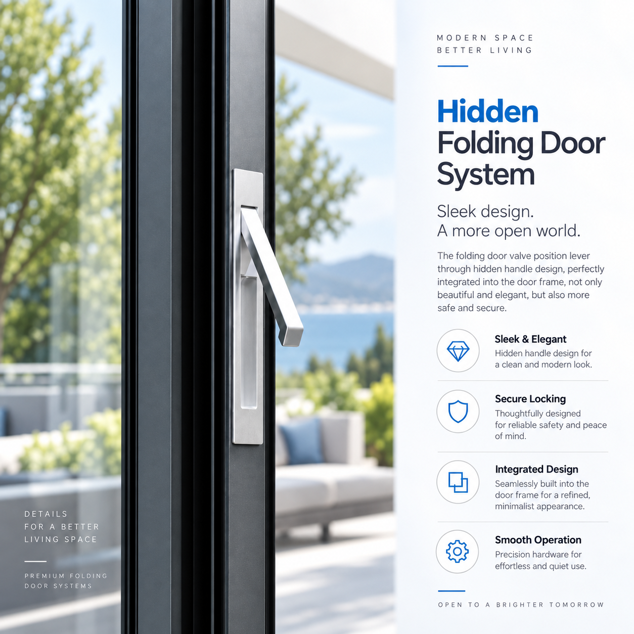 SAINTY bi-fold door hardware featuring Grade 304 stainless steel multi-point locks and hinges.