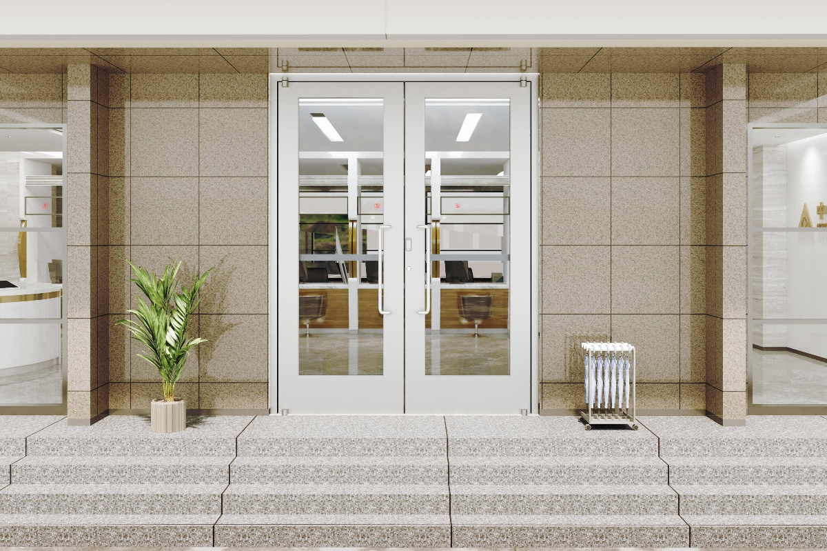 Completed Florida commercial building entrance using SAINTY™ Miami-Dade NOA certified storefront doors.