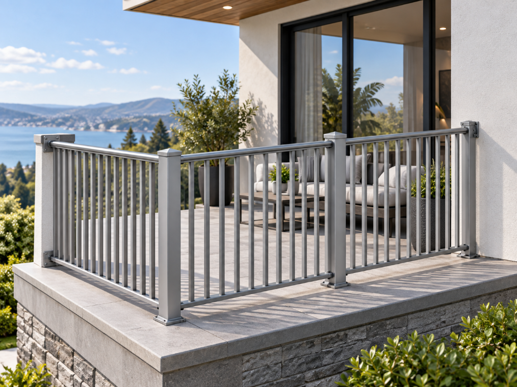 Close-up of SS304 stainless steel fasteners and mounting brackets on the SAINTY™ aluminum railing system.