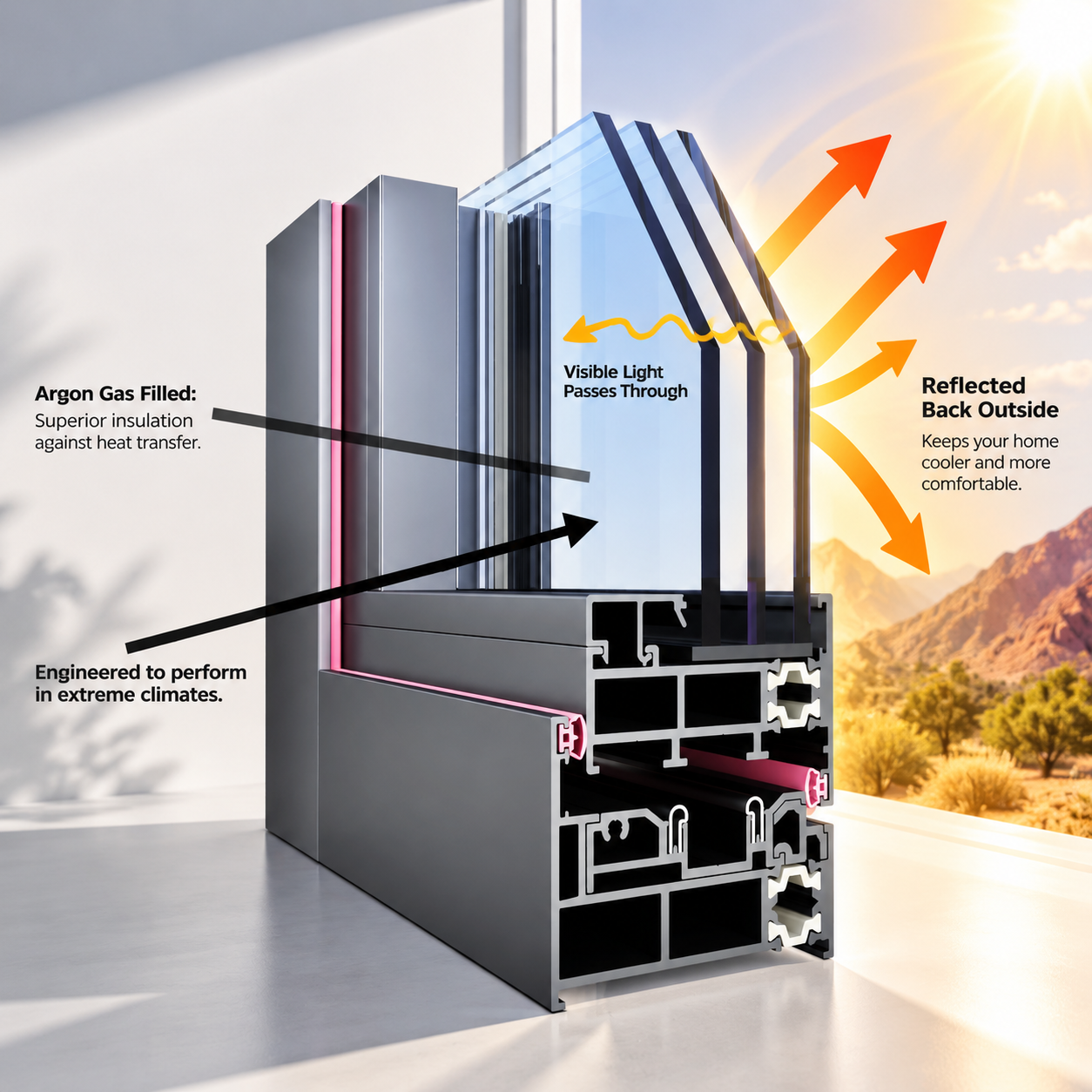 SAINTY™ aluminum door profile featuring a 34mm PA66 GF25 thermal break for Arizona heat control.