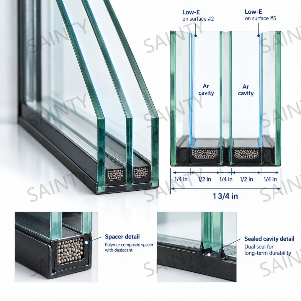 SAINTY™ triple-pane insulated glass build-up with Low-E coating and argon spacers for high thermal performance.