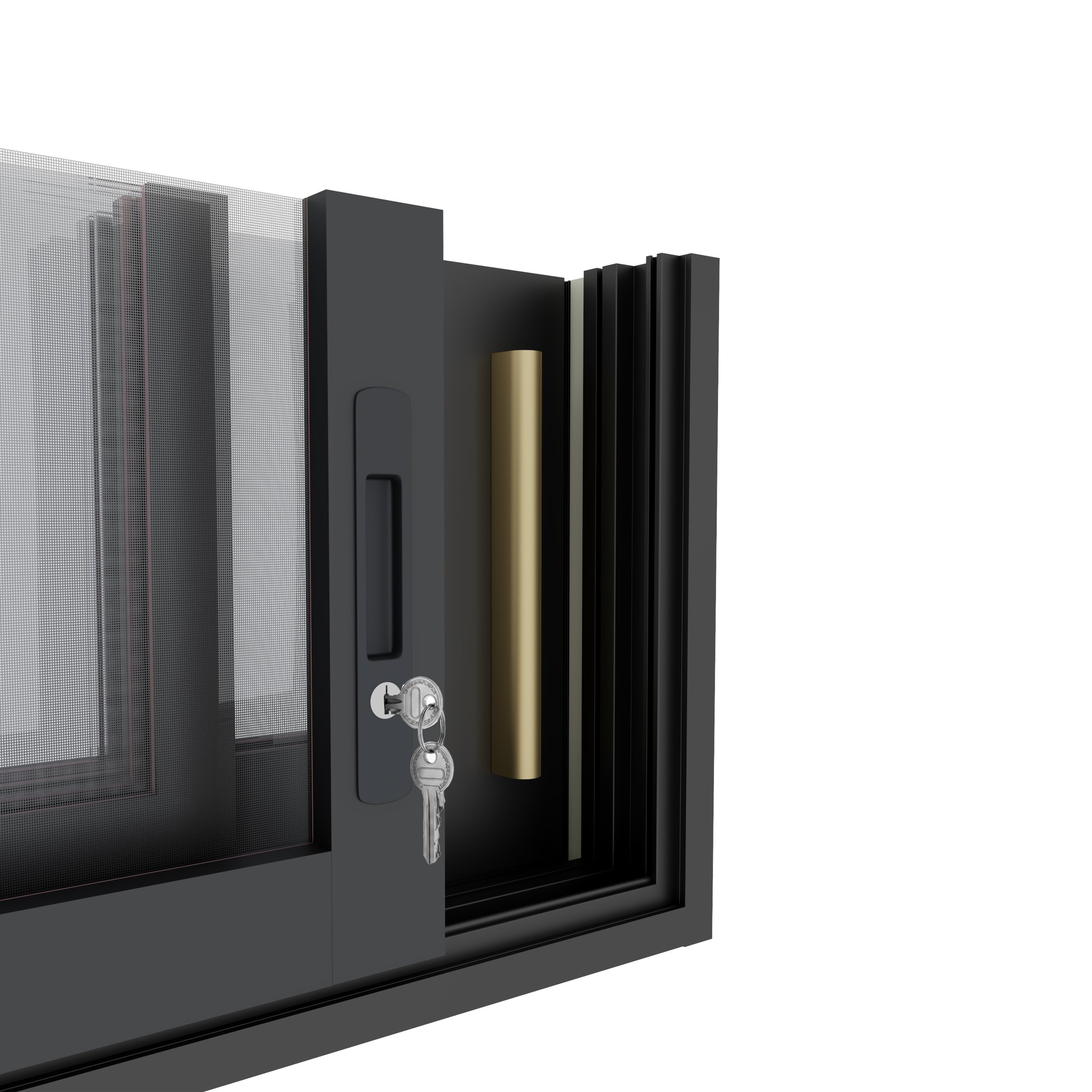 Multi-point locking hardware on black thermally broken aluminum sliding doors for enhanced security.
