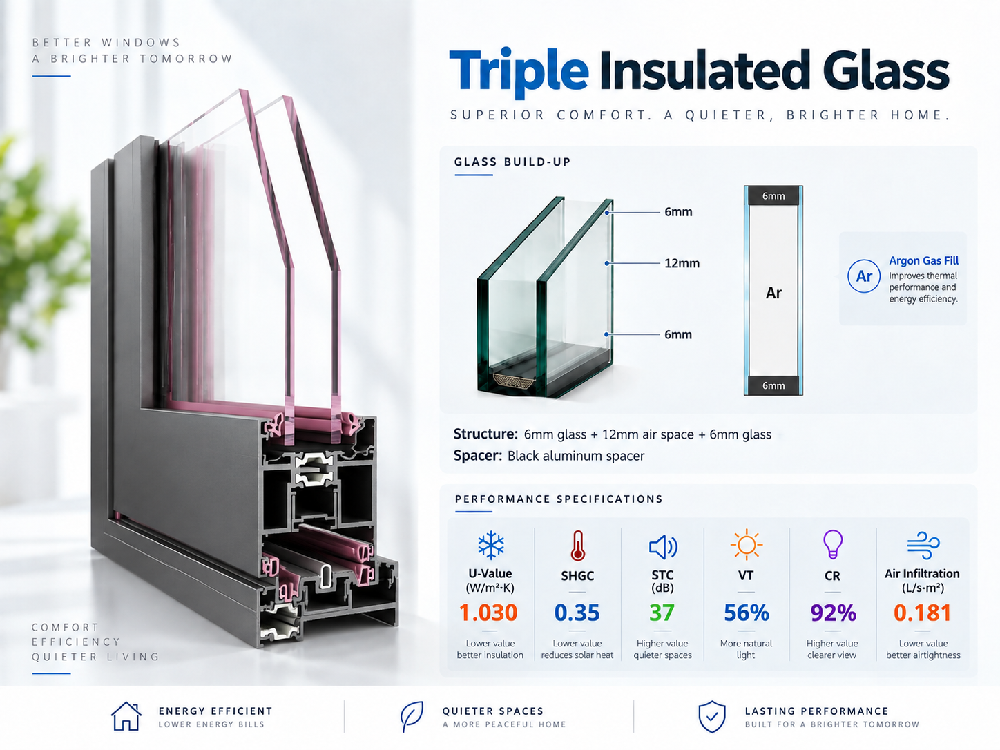 Composición de vidrio aislante de triple panel en puertas correderas SAINTY logrando un rendimiento de 0.22 U-Factor.