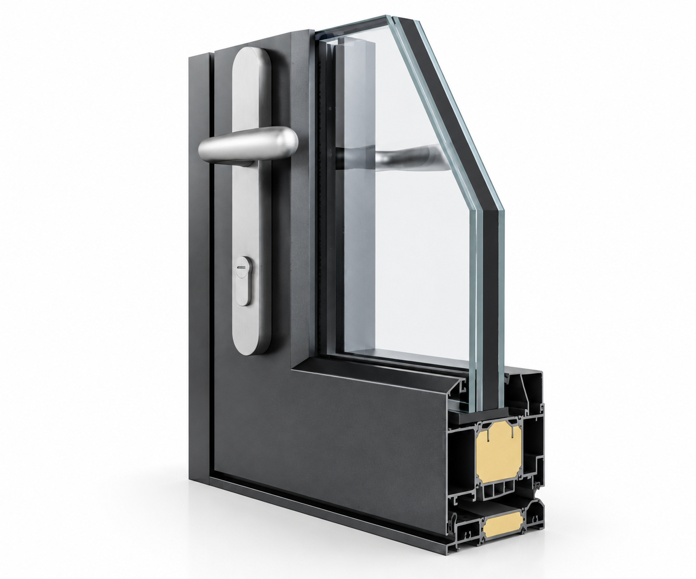 Cross-section of SAINTY™ French door frame showing the 24mm PA66 GF25 thermal break and 6063-T5 alloy.