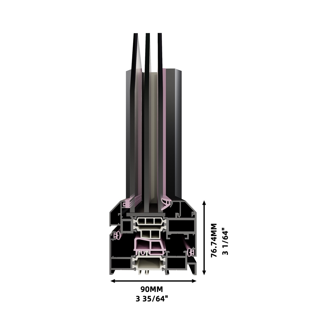 Detalle de rotura de puente térmico de ventana SAINTY™ con tira aislante PA66 GF25.