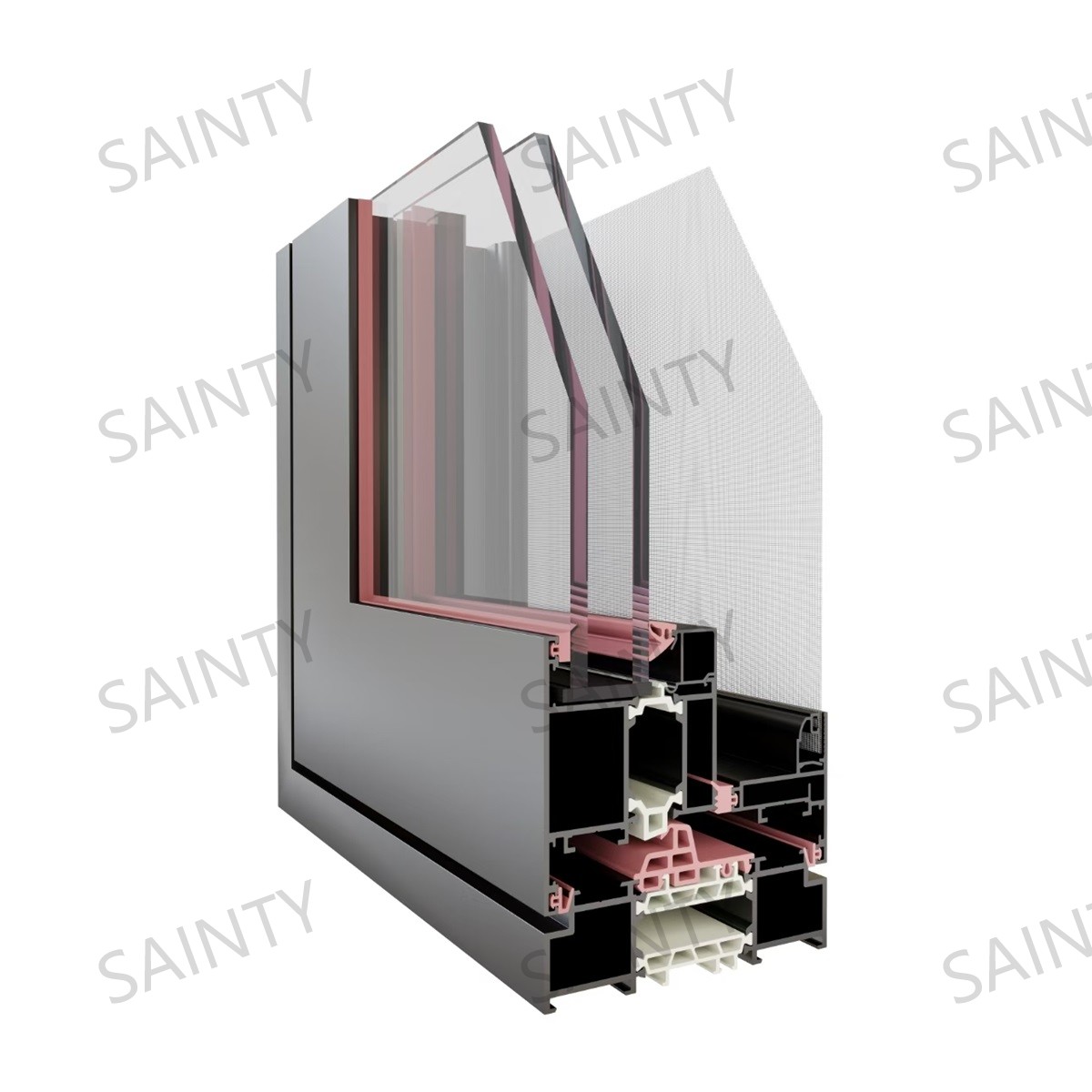 SAINTY™ casement window cross-section showing 34mm PA66 GF25 thermal break and 6063-T5 aluminum wall thickness.