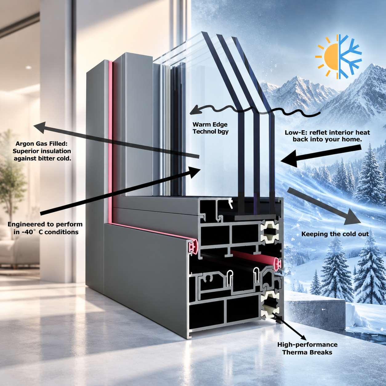Cutaway section of SAINTY Bi-Fold Door showing 34mm PA66 GF25 thermal break for cold climate insulation.