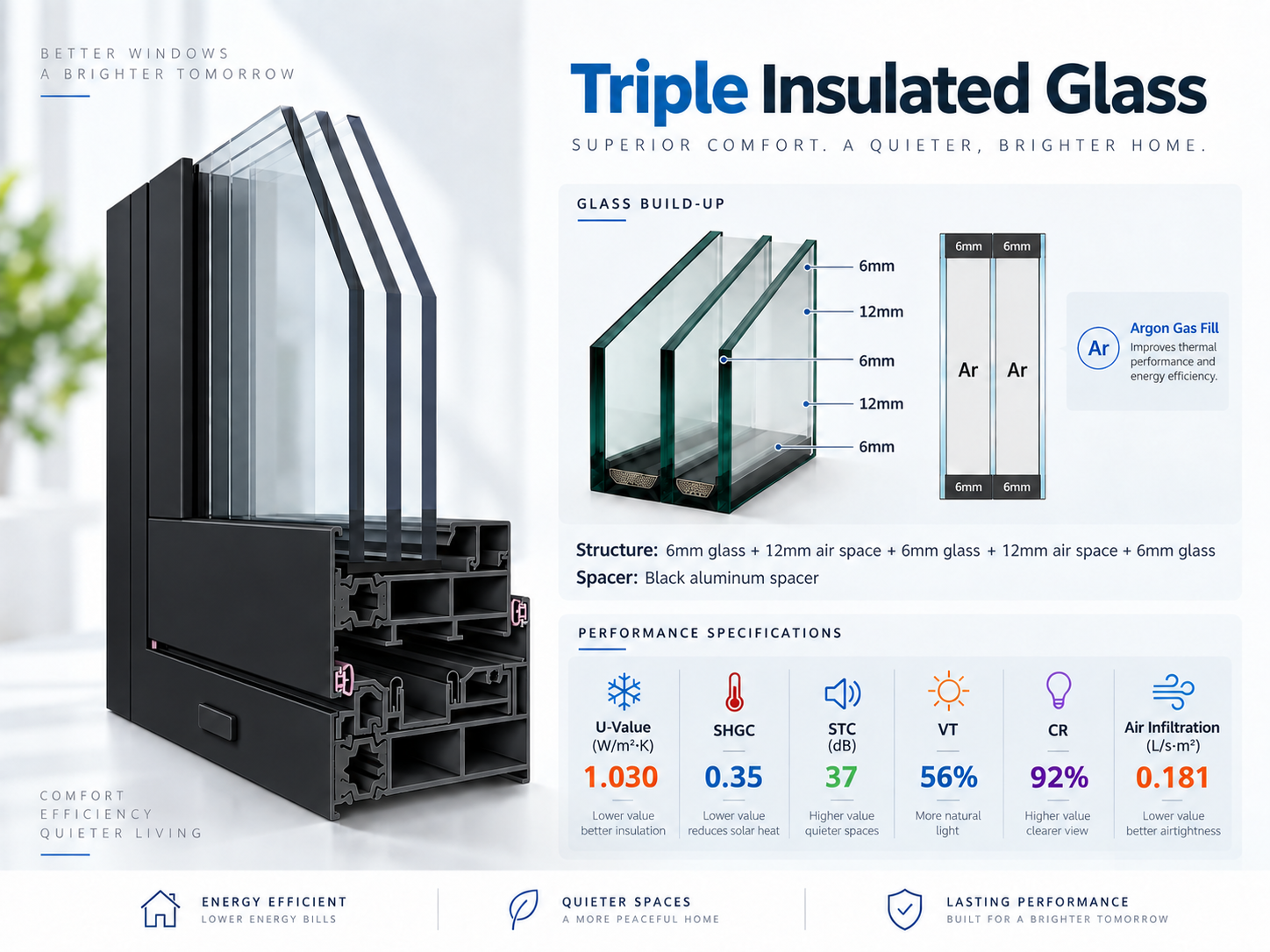 Triple-pane insulated glass unit for SAINTY bi-fold doors providing a 0.28 U-Factor for Texas homes.