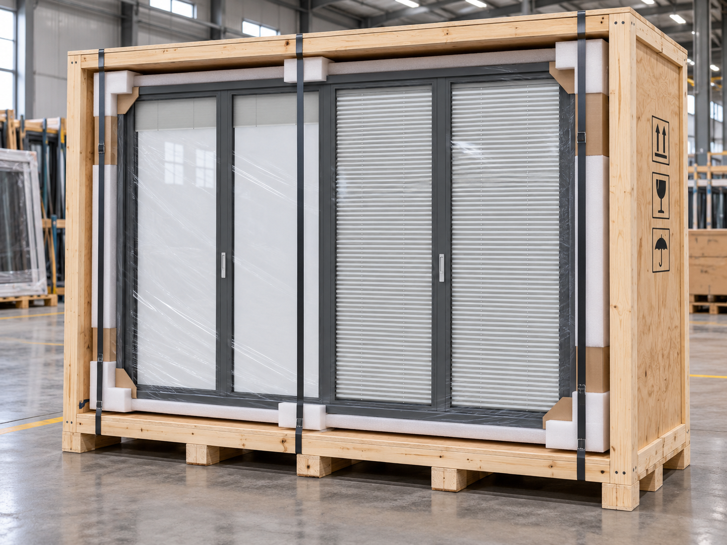 11-step quality control and protective export crating for SAINTY™ aluminum bi-fold doors at the factory.