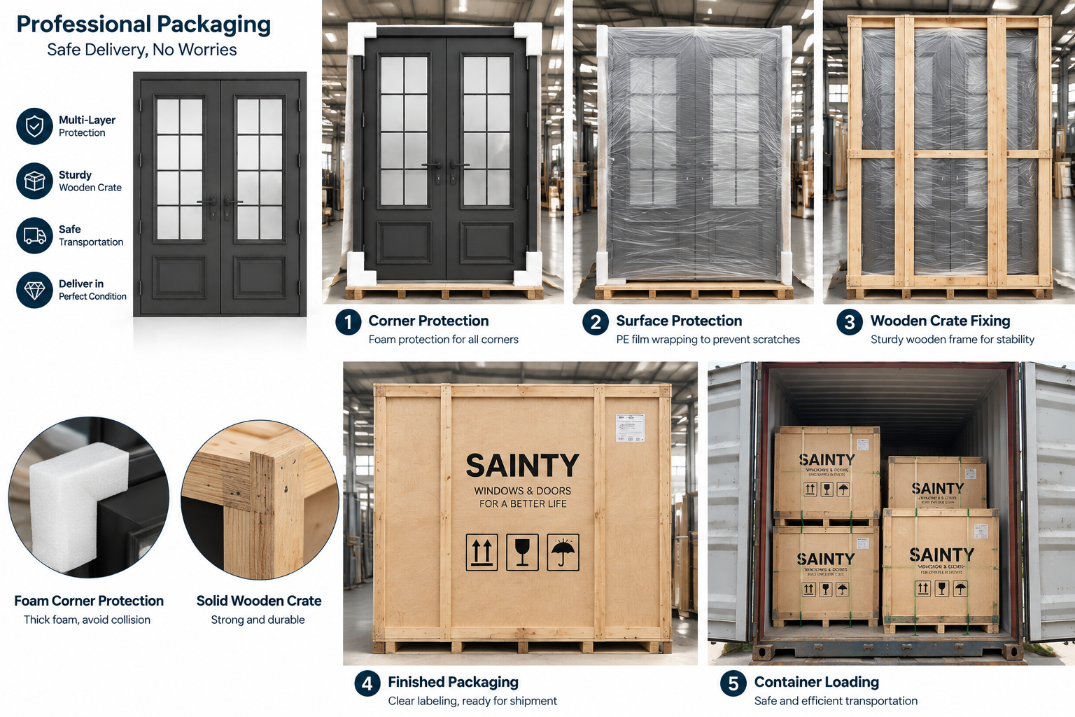 Rastreamento de pedidos SAINTY™ em 11 etapas mostrando unidade de porta de giro passando por CQ final de crimpagem de canto.