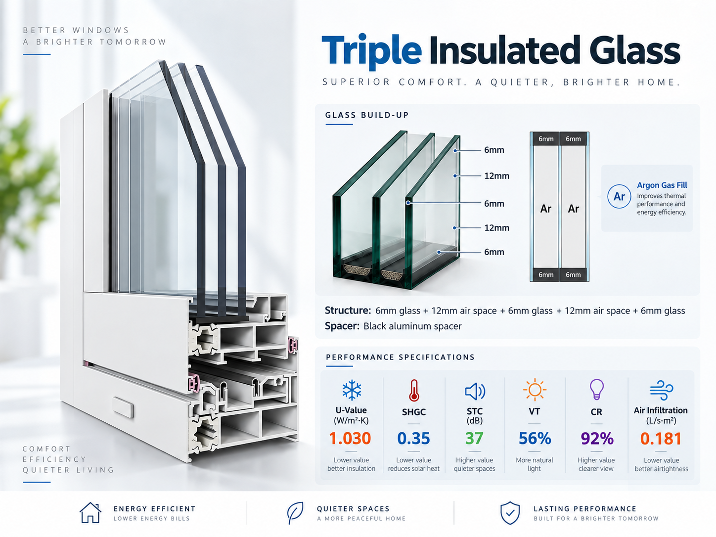 Triple-pane insulated glass configuration for SAINTY™ Hurricane-Rated doors providing a 0.28 U-Factor.