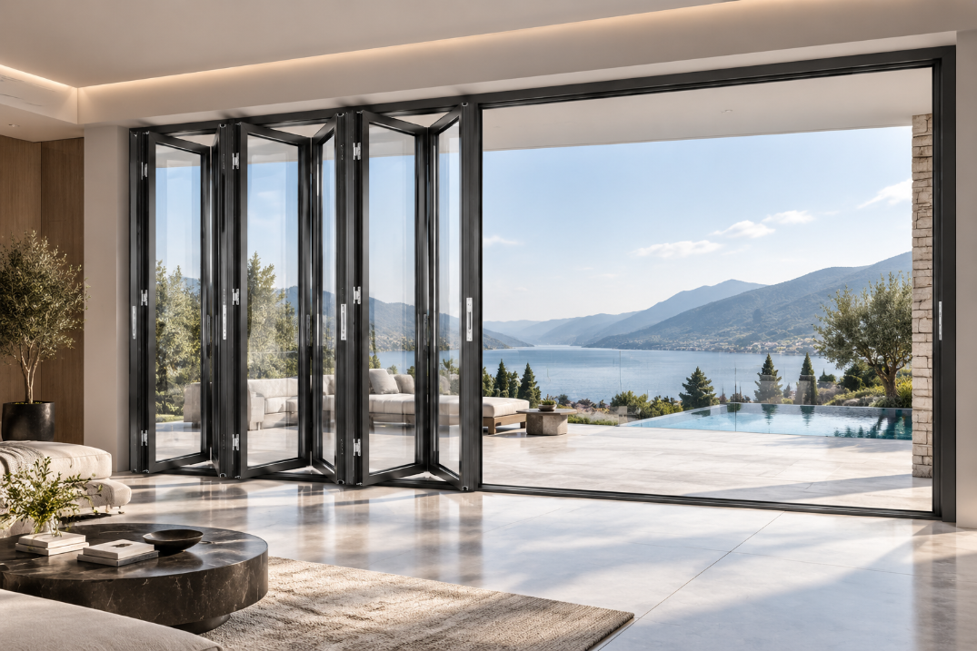 SAINTY™ black aluminum bi-fold doors open to a tropical Arizona outdoor living space.