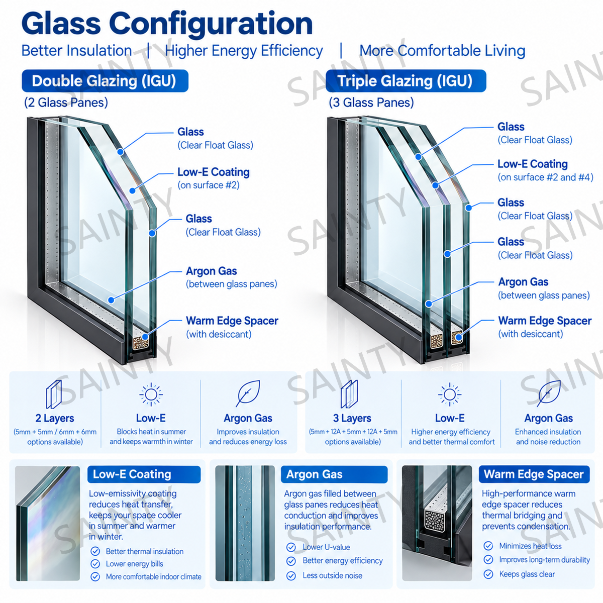 SAINTY™ triple-pane insulated glass with 0.22 U-Factor performance for residential energy efficiency.