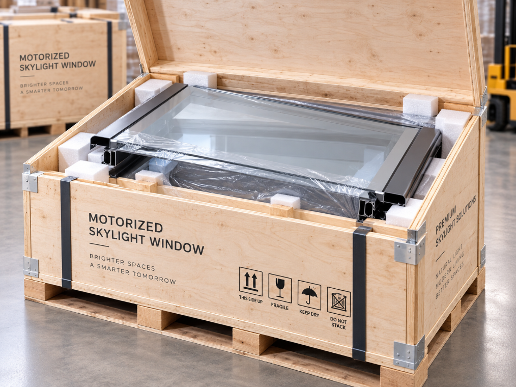 SAINTY™ 11-step quality control process including structural testing and protective crating for skylights.