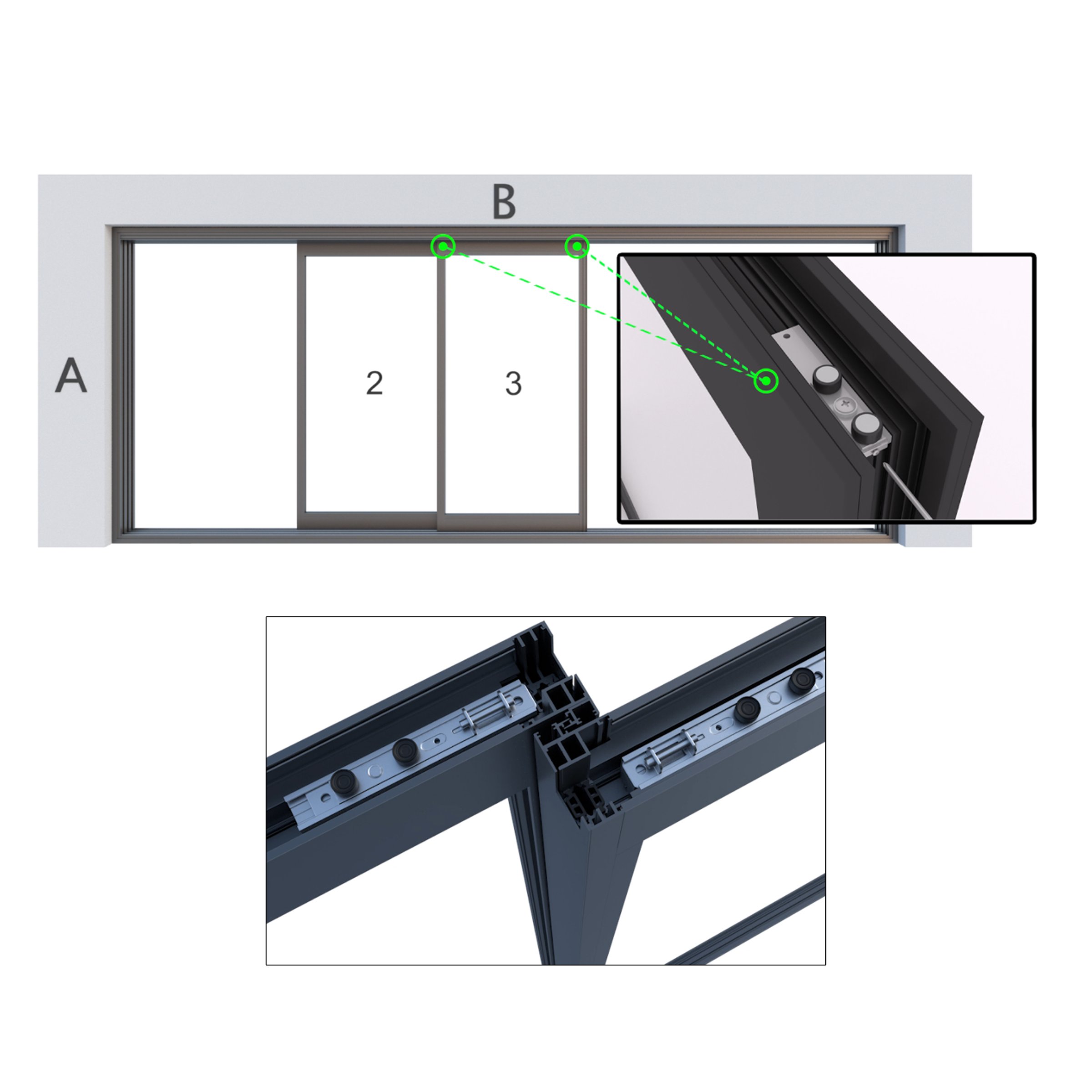 Adjustable guide rollers on thermally broken aluminum sliding doors for improved air infiltration ratings.