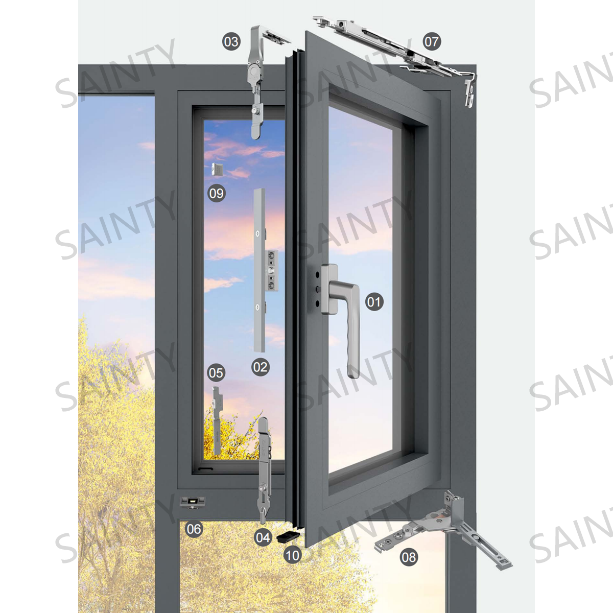 SS304 stainless steel multi-point hardware on a SAINTY™ aluminum casement window for enhanced security.
