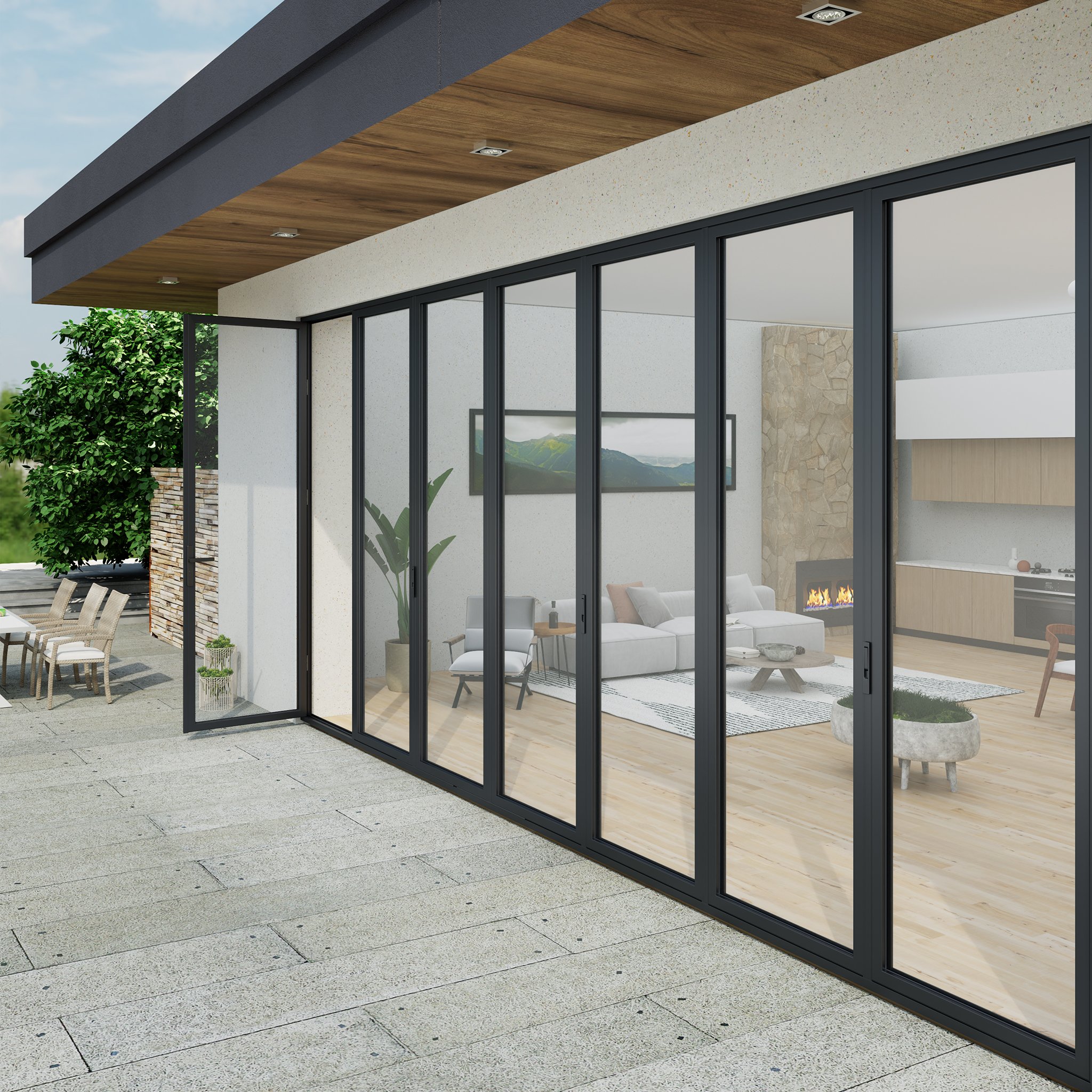 Completed installation of SAINTY™ DP70 Hurricane-Rated Bi-Fold Doors in a high-end United States villa.