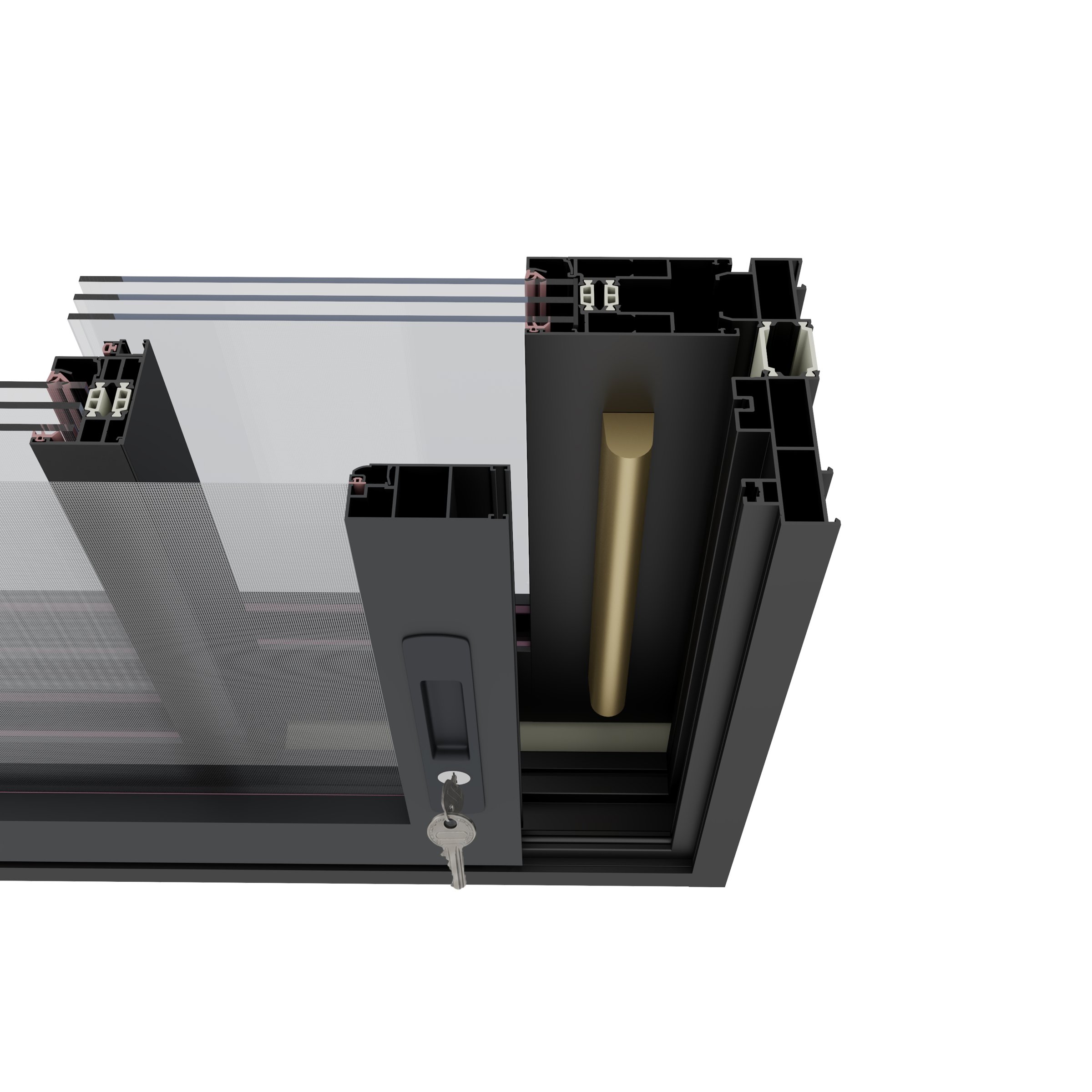 Cross-section of energy efficient aluminum sliding doors showing the thermal break and 6063-T5 alloy frame.