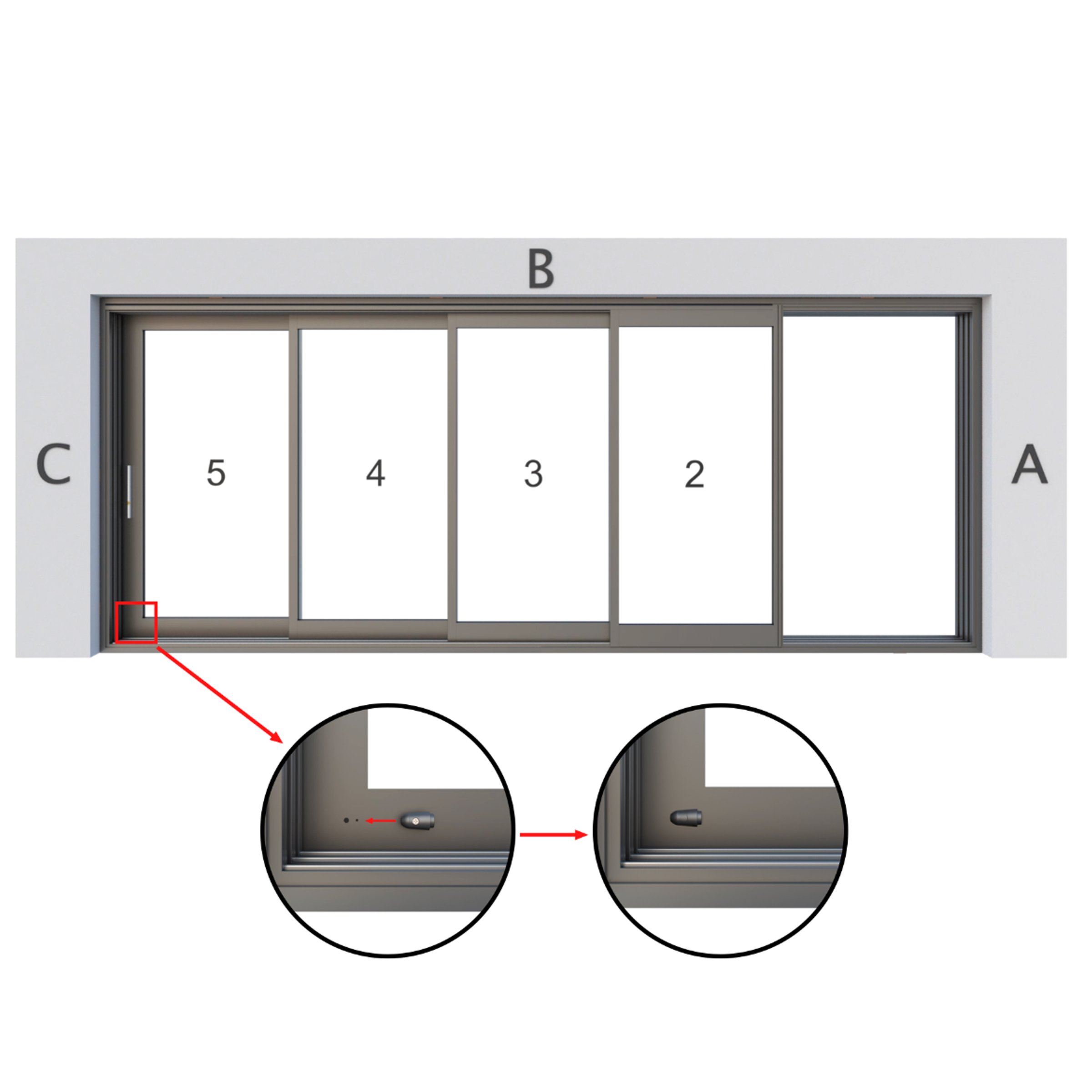 Close-up of the bumper block protection on thermally broken aluminum sliding doors.